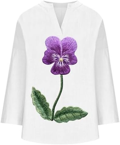 Women Thin Pansy Floral Print Casual Long Sleeve V Neck Shirt Top T Shirts Women Coffee