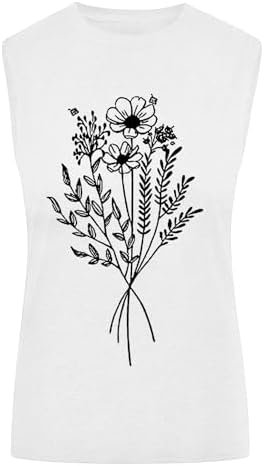 Ladies Summer Flower Print Round Neck Sleeveless Comfortable Top Casual Tank Top (1) Cotton Tees Women