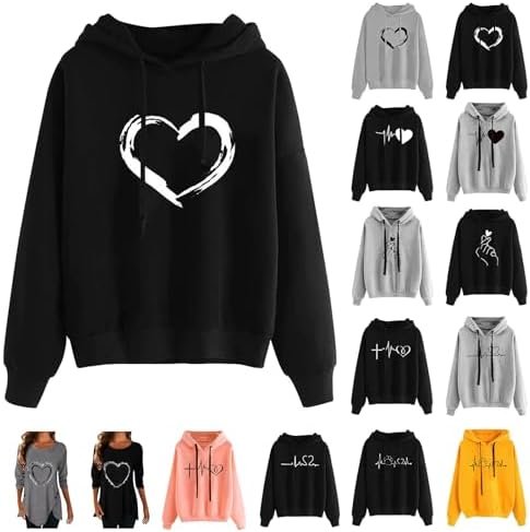 Women's Graphic Hoodies Heart Print Long Sleeve Pullover Hoodie Sweatshirt Tops Shirts