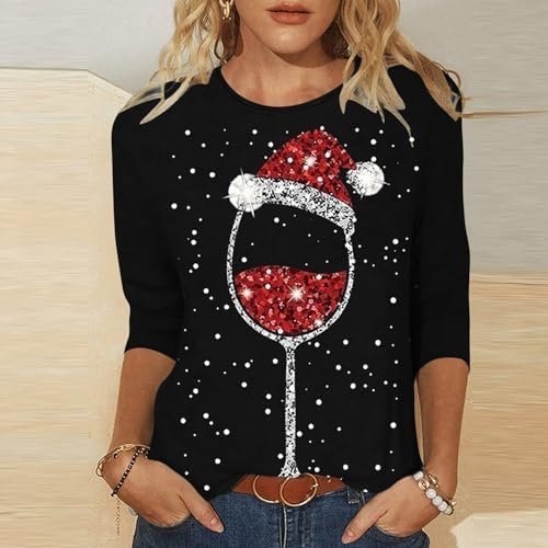 Christmas Women's Red Wine Glass Printed Round Neck Three Quarter Sleeve Casual T Shirt Top Short Sleeve Tops