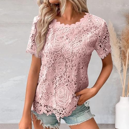 Women's Lace Top Crochet Crew Neck Short Sleeve Fashion Summer Loose Tee Casual T Shirt Tan T Shirt Women