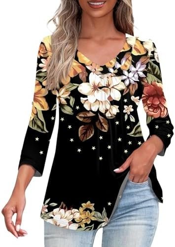 Women's Short Sleeve Tops Women Fall 3/4 Sleeve Shirts Flowy Dressy Shirts Casual Versatile Tunics Tops V Neck