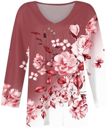 Cotton Shirts for Women Teen Girls Fall Outfits Loose Fit Dressy 3/4 Sleeve Shirts Casual V Neck Blouses Tunics Top