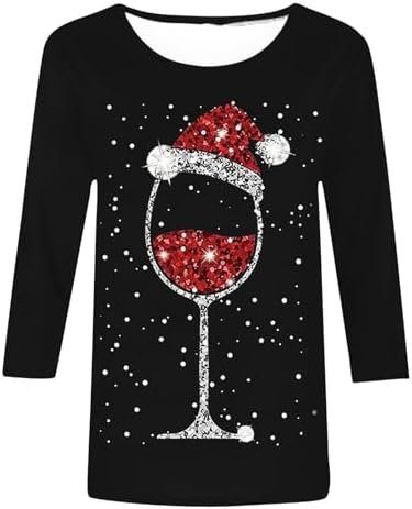 Christmas Women's Red Wine Glass Printed Round Neck Three Quarter Sleeve Casual T Shirt Top Short Sleeve Tops