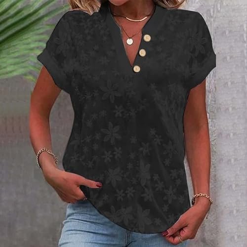 Women's Short Sleeve Tops Button Shirt Loose Fit V-Neck Summer Casual Business Work Blouse Tops