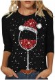 Christmas Women's Red Wine Glass Printed Round Neck Three Quarter Sleeve Casual T Shirt Top Short Sleeve Tops