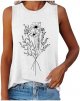 Ladies Summer Flower Print Round Neck Sleeveless Comfortable Top Casual Tank Top (1) Cotton Tees Women