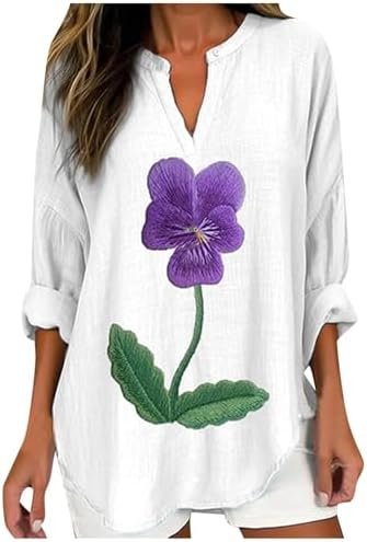 Women Thin Pansy Floral Print Casual Long Sleeve V Neck Shirt Top T Shirts Women Coffee