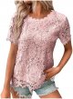 Women's Lace Top Crochet Crew Neck Short Sleeve Fashion Summer Loose Tee Casual T Shirt Tan T Shirt Women